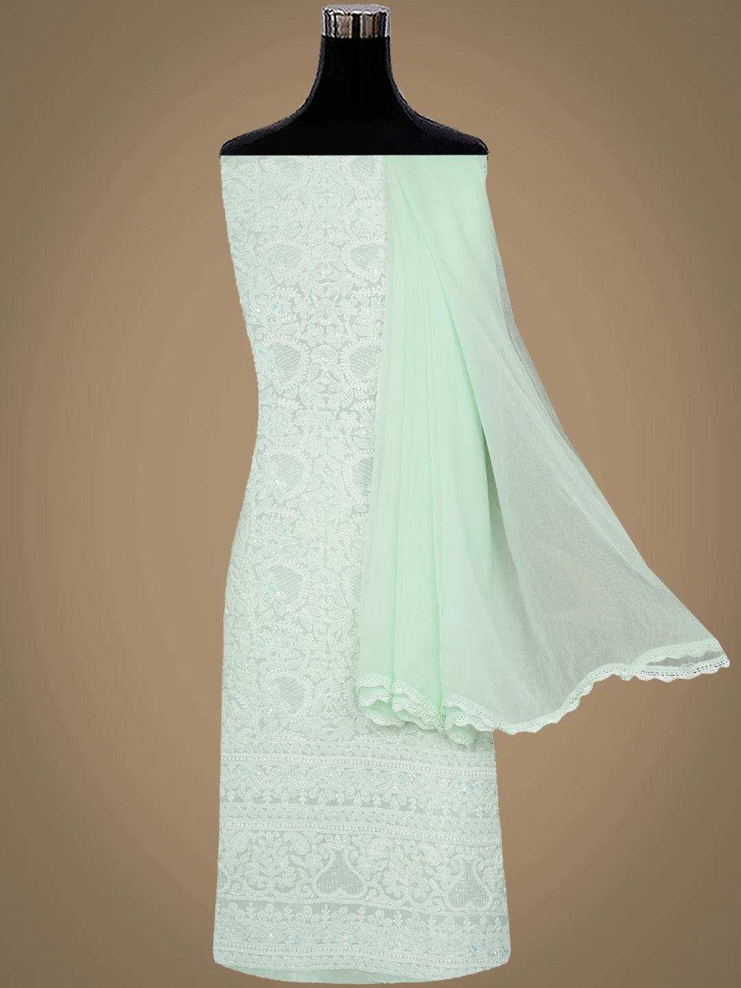 Ada Hand Embroidered Mint Green Cotton Lucknowi Chikankari Unstitched Suit Piece With Cutdana Work 01A973093