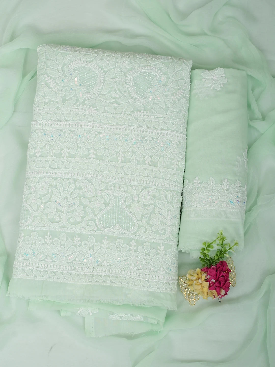 Ada Hand Embroidered Mint Green Cotton Lucknowi Chikankari Unstitched Suit Piece With Cutdana Work 01A973093