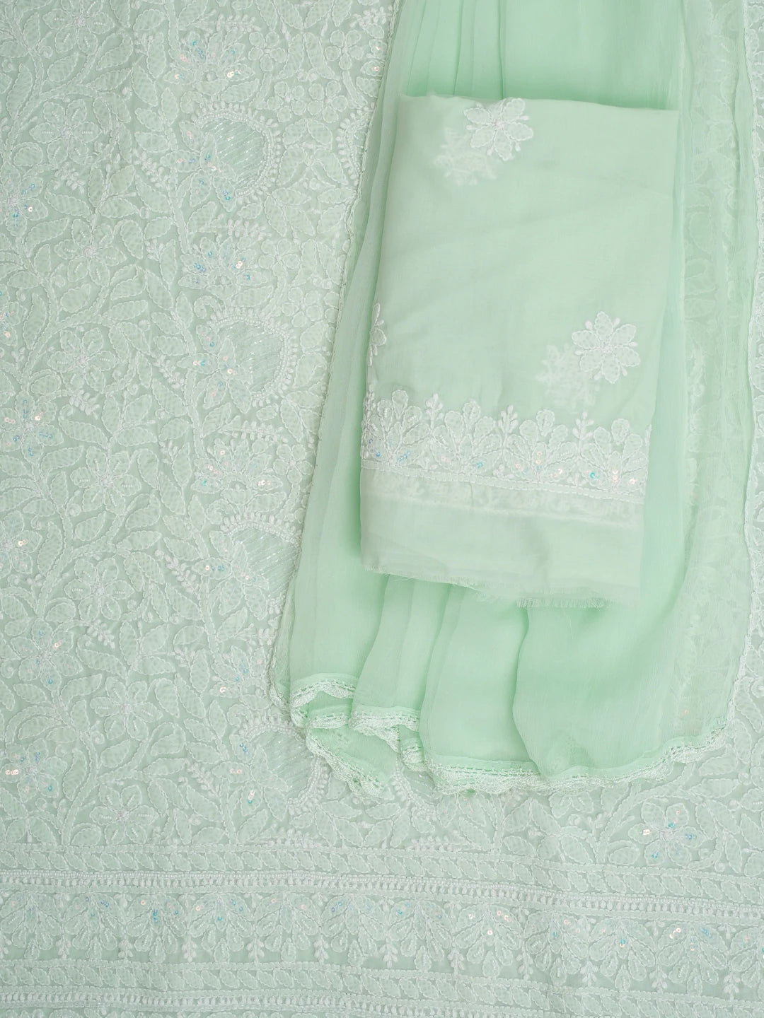 Ada Hand Embroidered Mint Green Cotton Lucknowi Chikankari Unstitched Suit Piece With Cutdana Work 01A973093