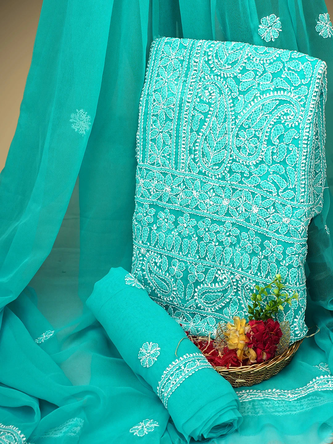 Ada Hand Embroidered Seagrass Green Faux Georgette Lucknowi Chikankari Unstitched Suit Piece 01A981210