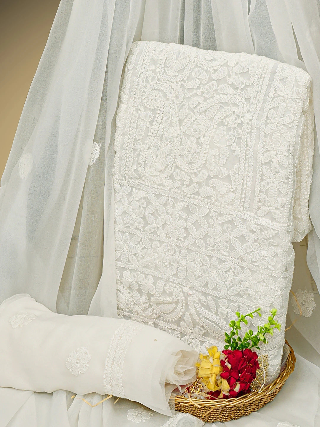 Ada Hand Embroidered White Faux Georgette Lucknowi Chikankari Unstitched Suit Piece 01A981190