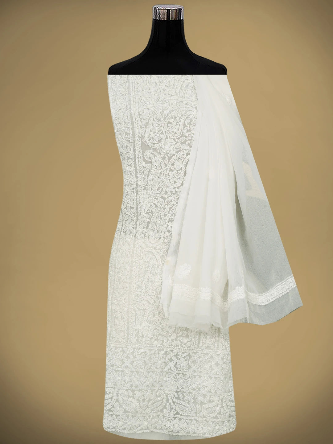 Ada Hand Embroidered White Faux Georgette Lucknowi Chikankari Unstitched Suit Piece 01A981190