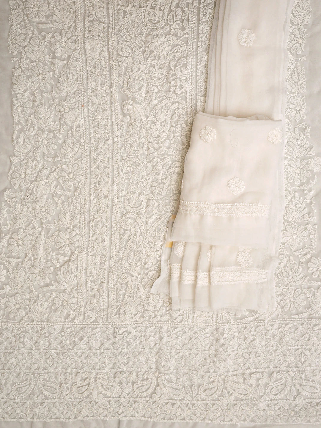 Ada Hand Embroidered White Faux Georgette Lucknowi Chikankari Unstitched Suit Piece 01A981190