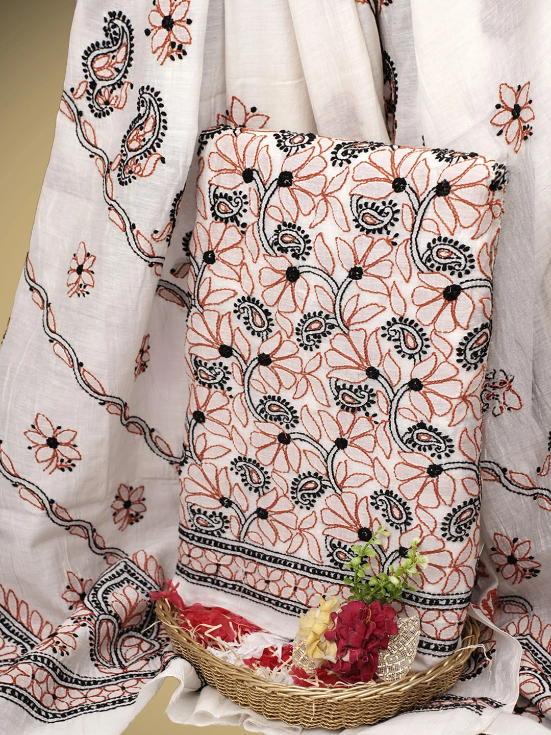 Ada Hand Embroidered Beige Chanderi Lucknowi Chikankari Unstitched Kurta Dupatta Set 01A980414