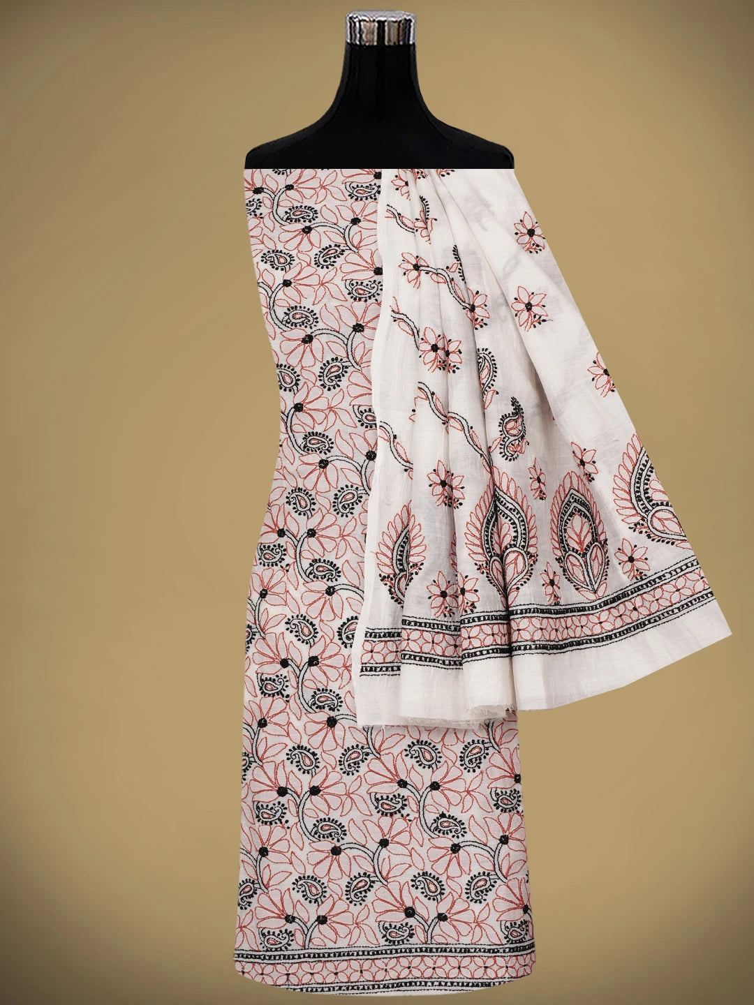 Ada Hand Embroidered Beige Chanderi Lucknowi Chikankari Unstitched Kurta Dupatta Set 01A980414
