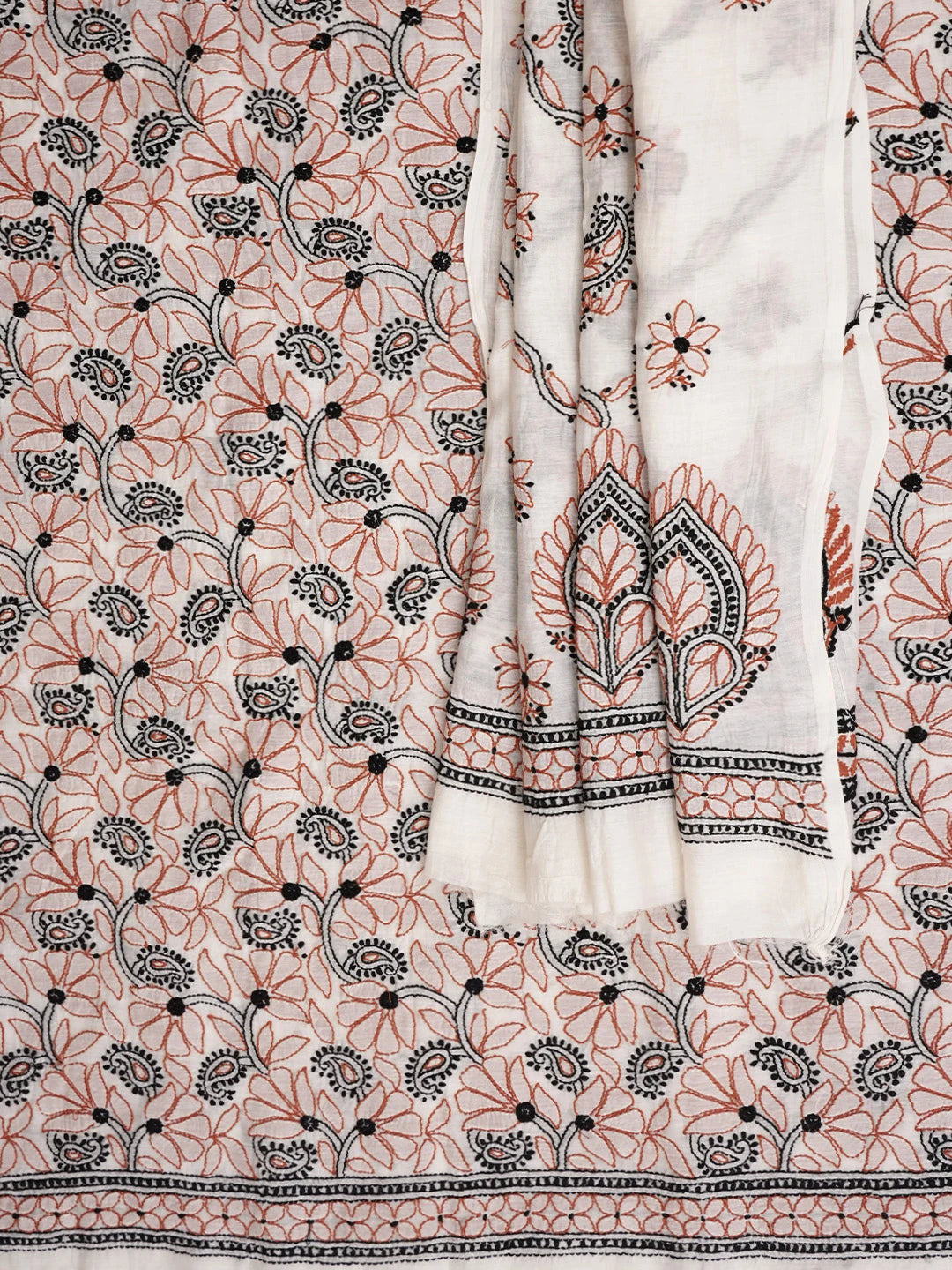 Ada Hand Embroidered Beige Chanderi Lucknowi Chikankari Unstitched Kurta Dupatta Set 01A980414
