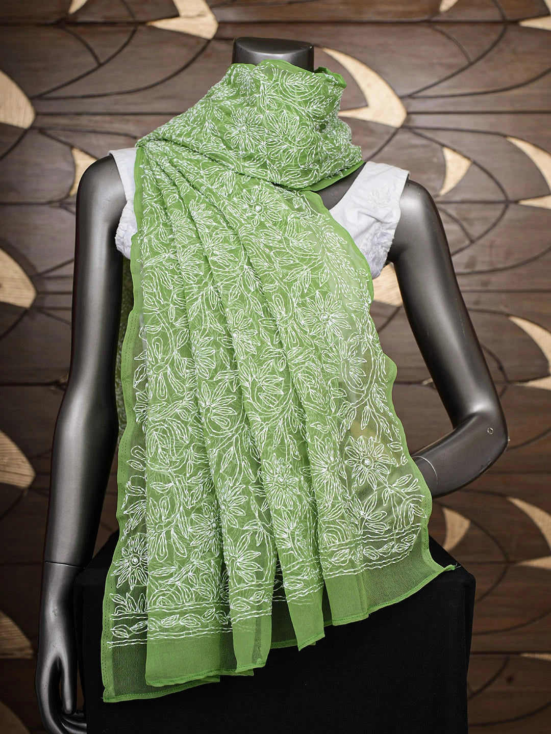 Ada Hand Embroidered Green Faux Georgette Lucknowi Chikankari Dupatta 01A975385