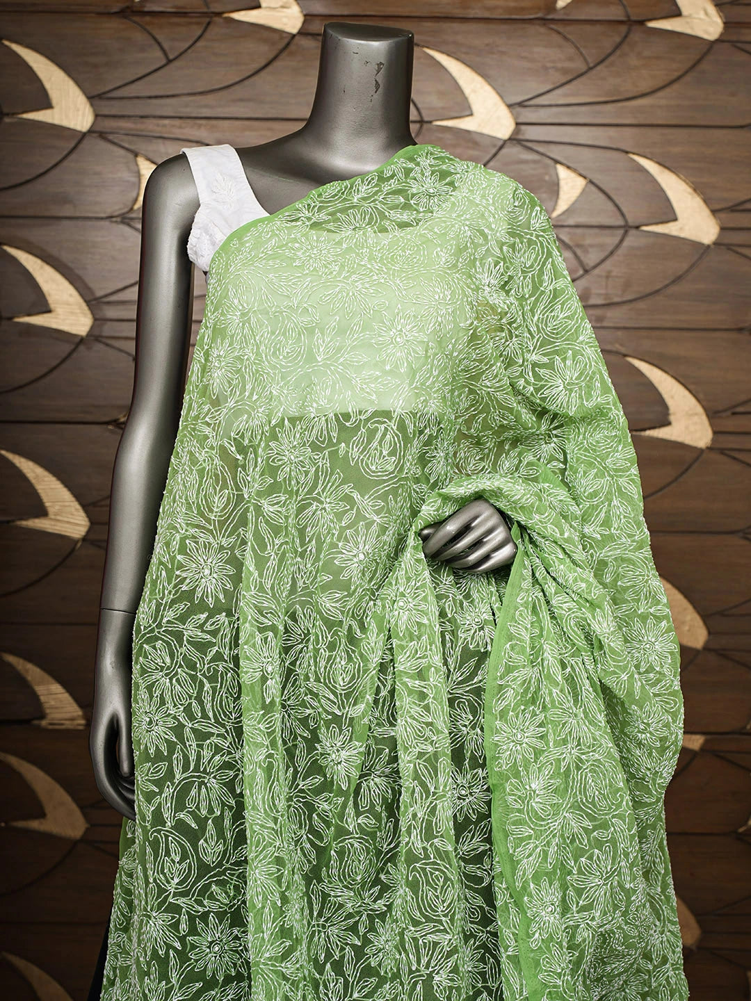 Ada Hand Embroidered Green Faux Georgette Lucknowi Chikankari Dupatta 01A975385