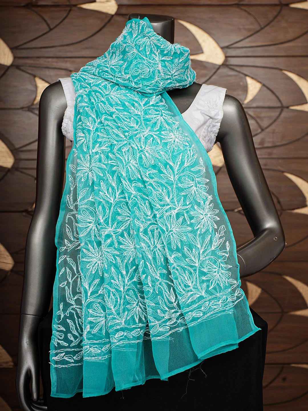 Ada Hand Embroidered Rama Green Faux Georgette Lucknowi Chikankari Dupatta 01A975381