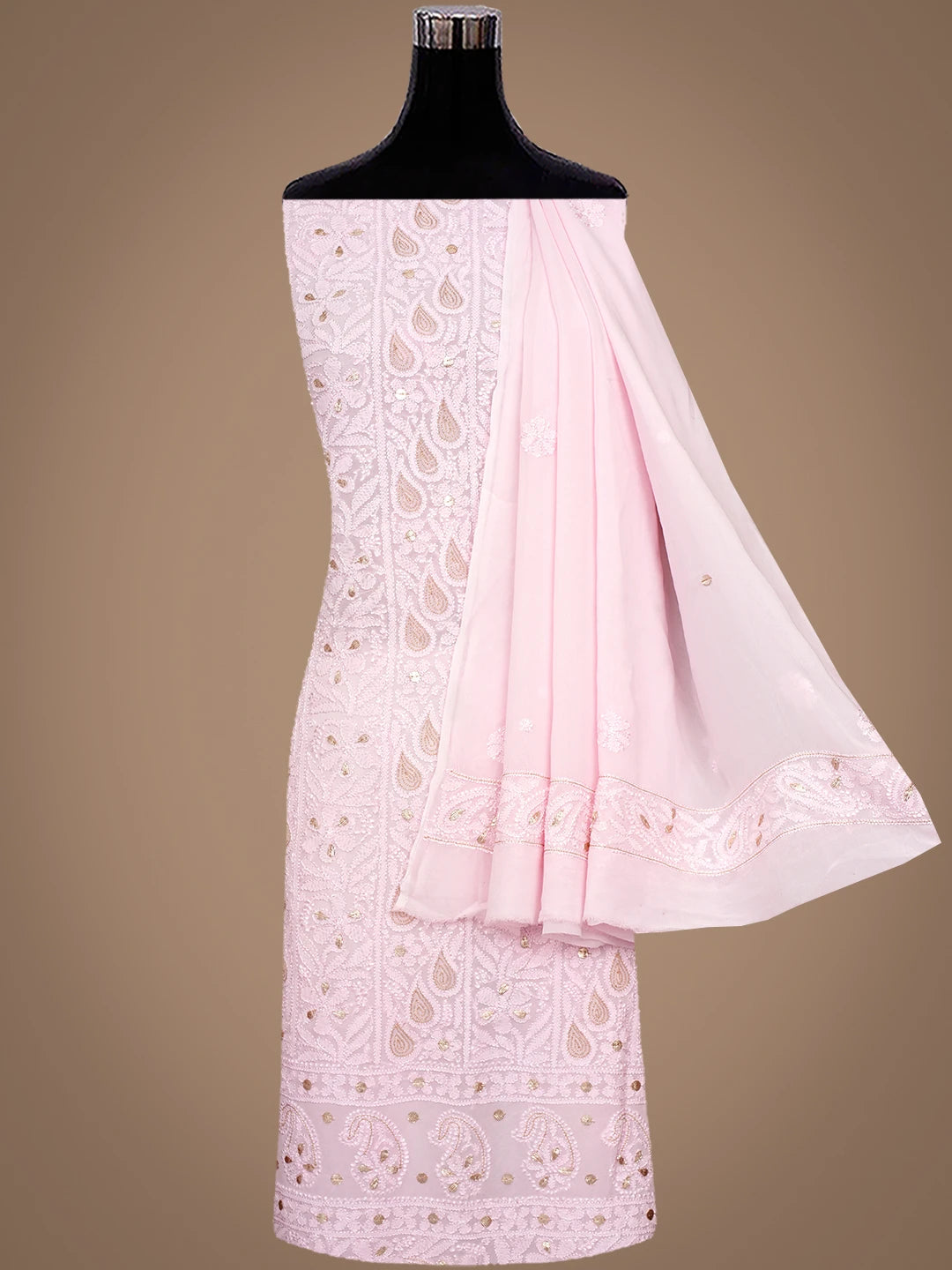 Ada Hand Embroidered Pink Viscose Georgette Lucknowi Chikankari Unstitched Kurta Dupatta Set With Gota Patti Work 01A962461