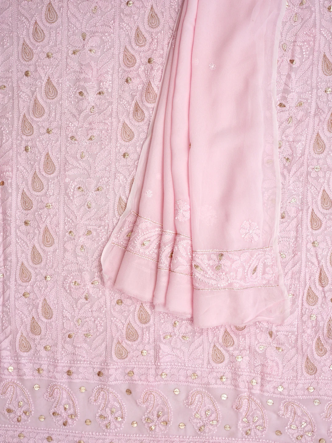Ada Hand Embroidered Pink Viscose Georgette Lucknowi Chikankari Unstitched Kurta Dupatta Set With Gota Patti Work 01A962461
