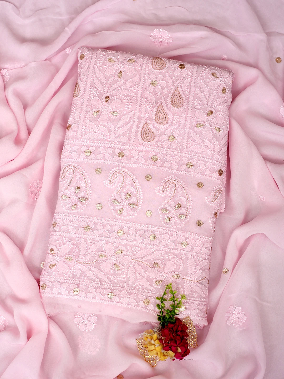 Ada Hand Embroidered Pink Viscose Georgette Lucknowi Chikankari Unstitched Kurta Dupatta Set With Gota Patti Work 01A962461