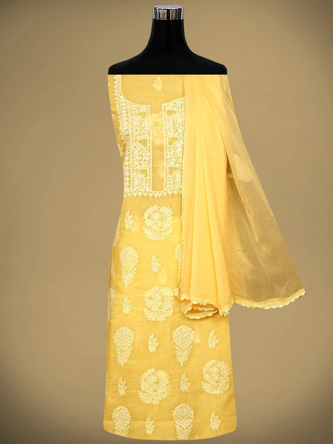Ada Hand Embroidered Yellow Cotton Lucknowi Chikankari Unstitched Suit Piece 01A959633