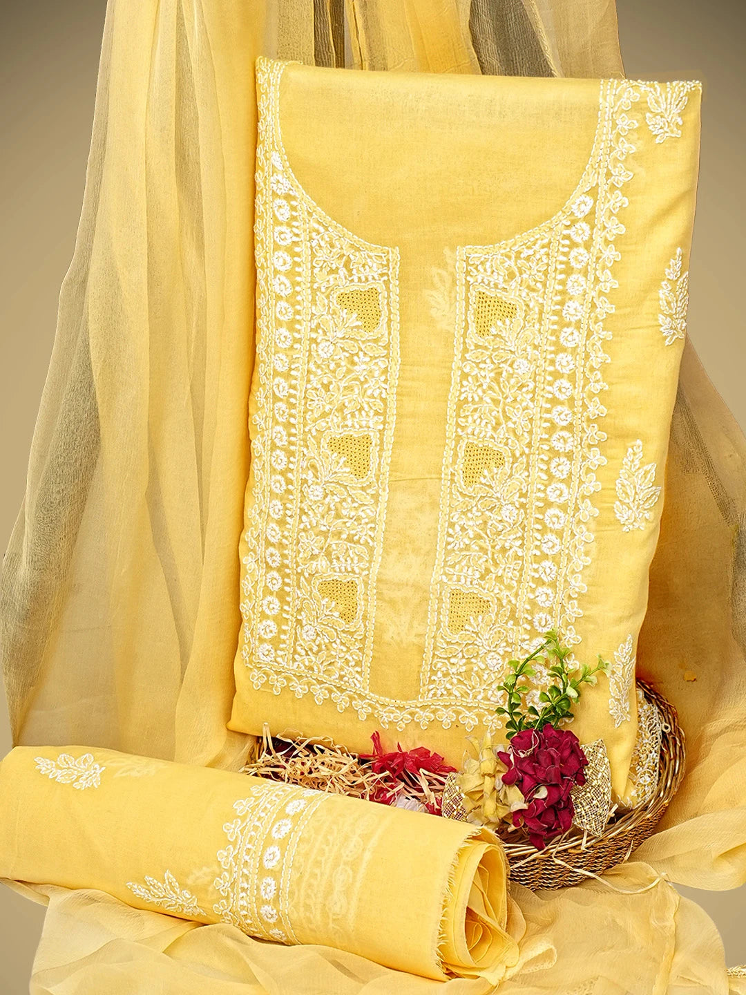 Ada Hand Embroidered Yellow Cotton Lucknowi Chikankari Unstitched Suit Piece 01A959633