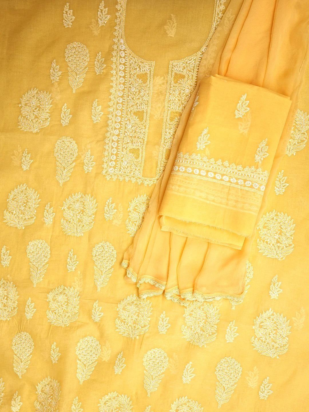 Ada Hand Embroidered Yellow Cotton Lucknowi Chikankari Unstitched Suit Piece 01A959633