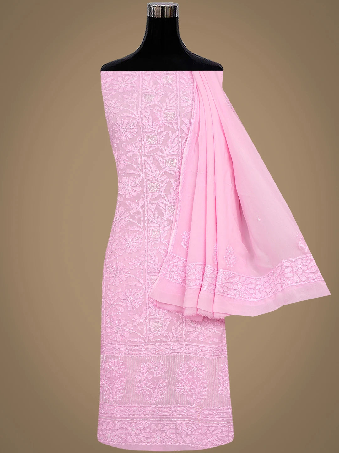 Ada Hand Embroidered Pink Viscose Georgette Lucknowi Chikankari Unstitched Kurta Dupatta Set With Cutdana Work 01A957826