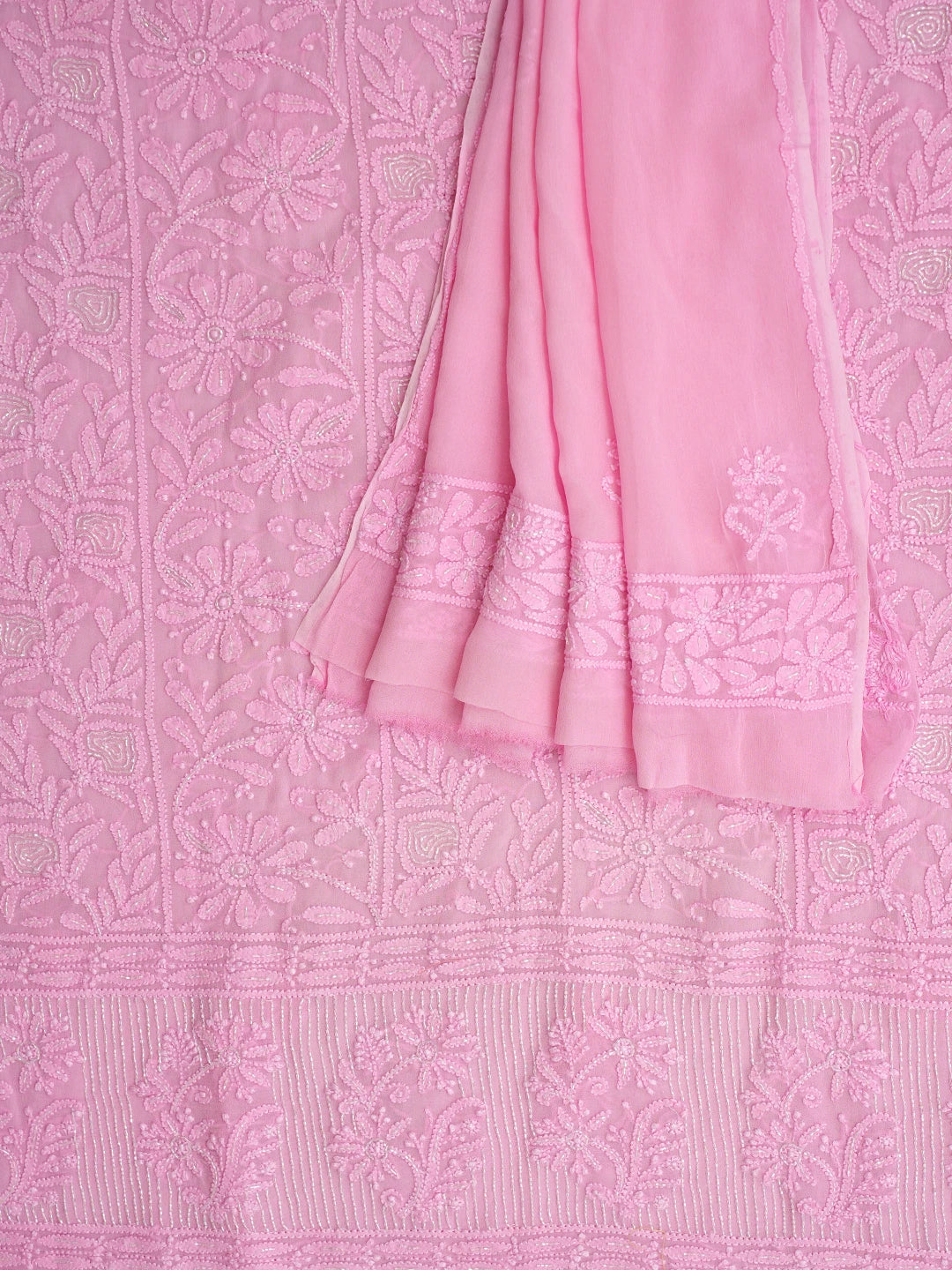 Ada Hand Embroidered Pink Viscose Georgette Lucknowi Chikankari Unstitched Kurta Dupatta Set With Cutdana Work 01A957826