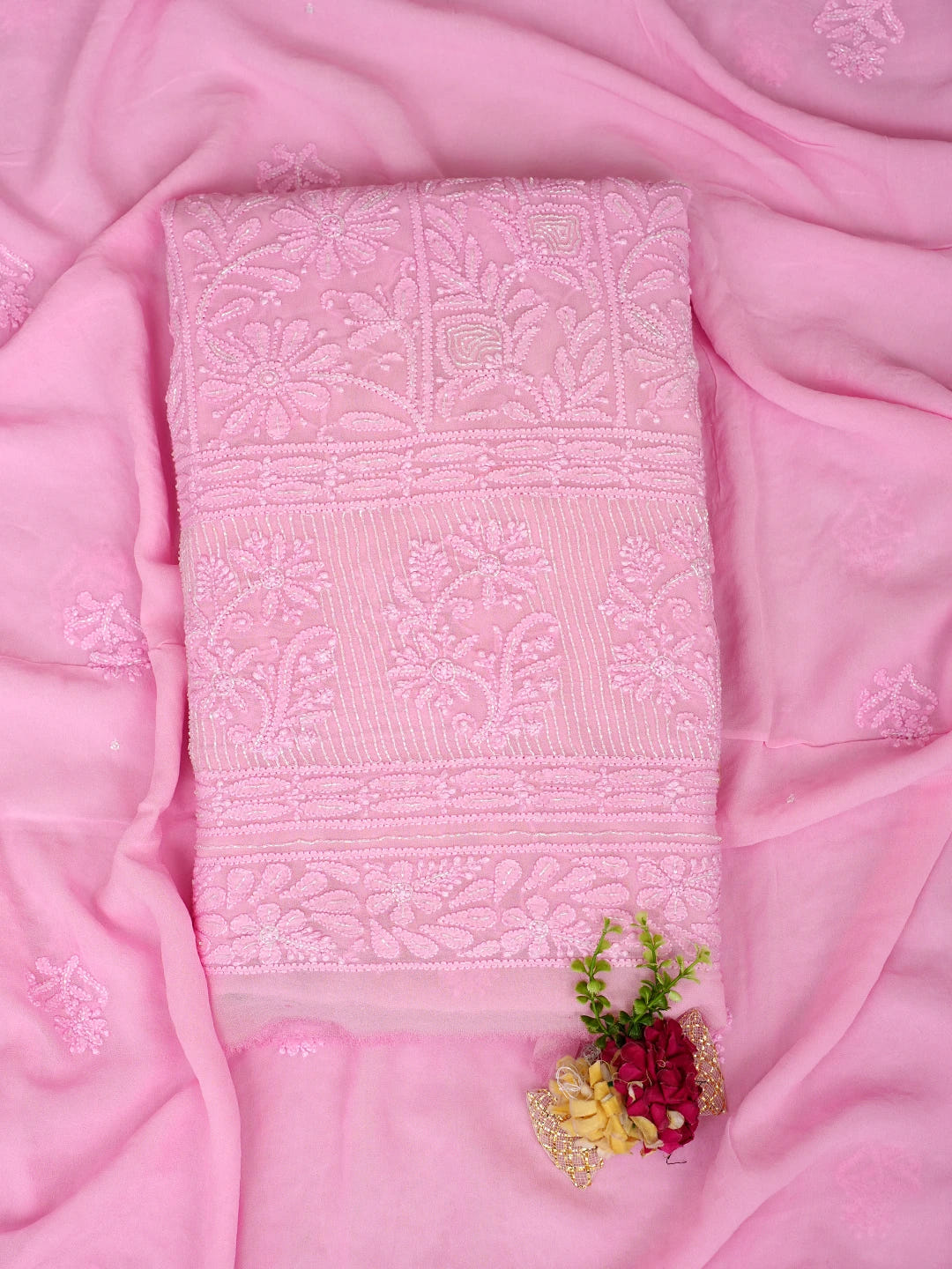 Ada Hand Embroidered Pink Viscose Georgette Lucknowi Chikankari Unstitched Kurta Dupatta Set With Cutdana Work 01A957826