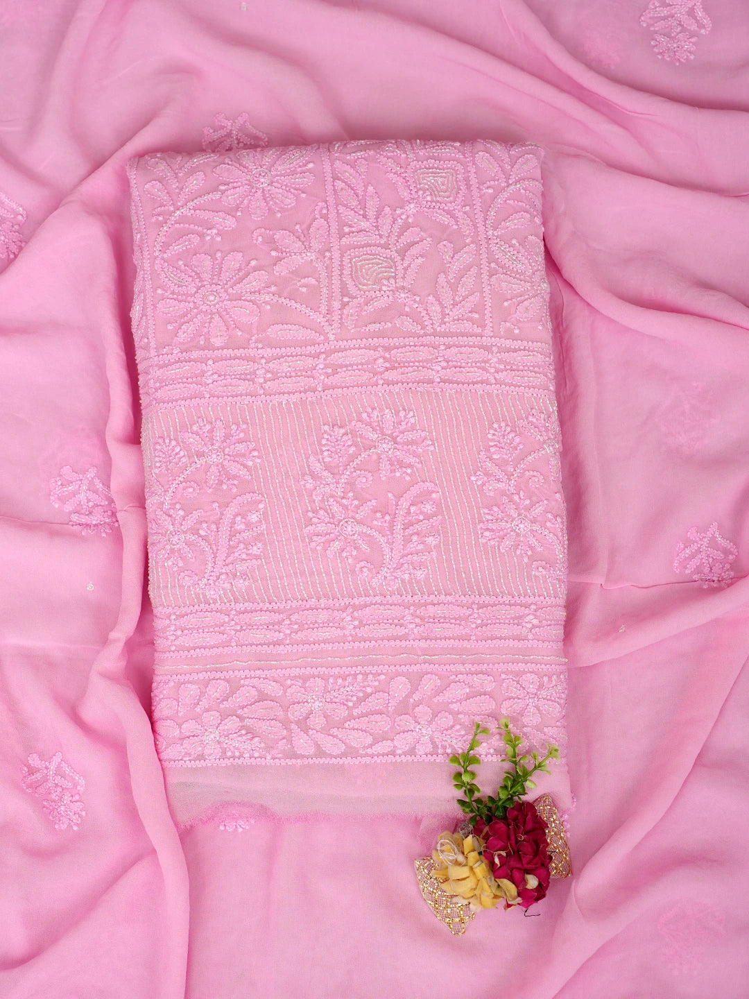 Ada Hand Embroidered Pink Viscose Georgette Lucknowi Chikankari Unstitched Kurta Dupatta Set With Cutdana Work 01A957826