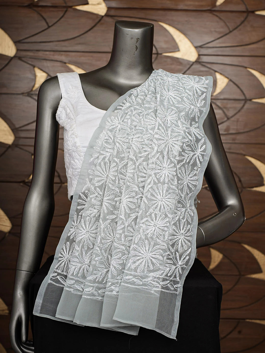 Ada Hand Embroidered Grey Faux Georgette Lucknowi Chikankari Dupatta 01A896540