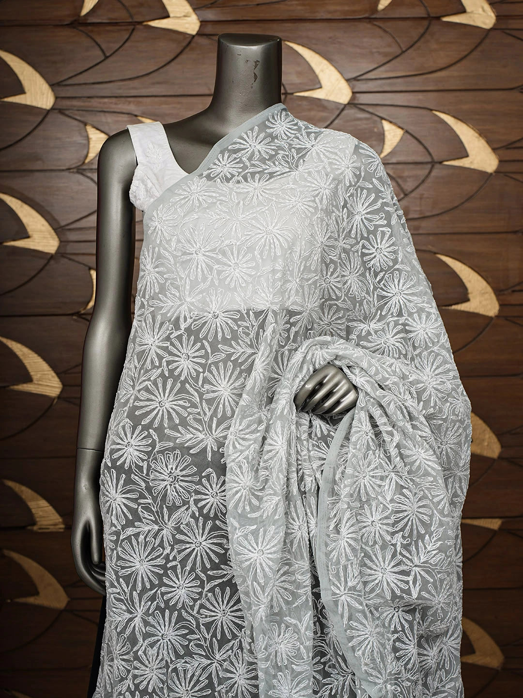Ada Hand Embroidered Grey Faux Georgette Lucknowi Chikankari Dupatta 01A896540