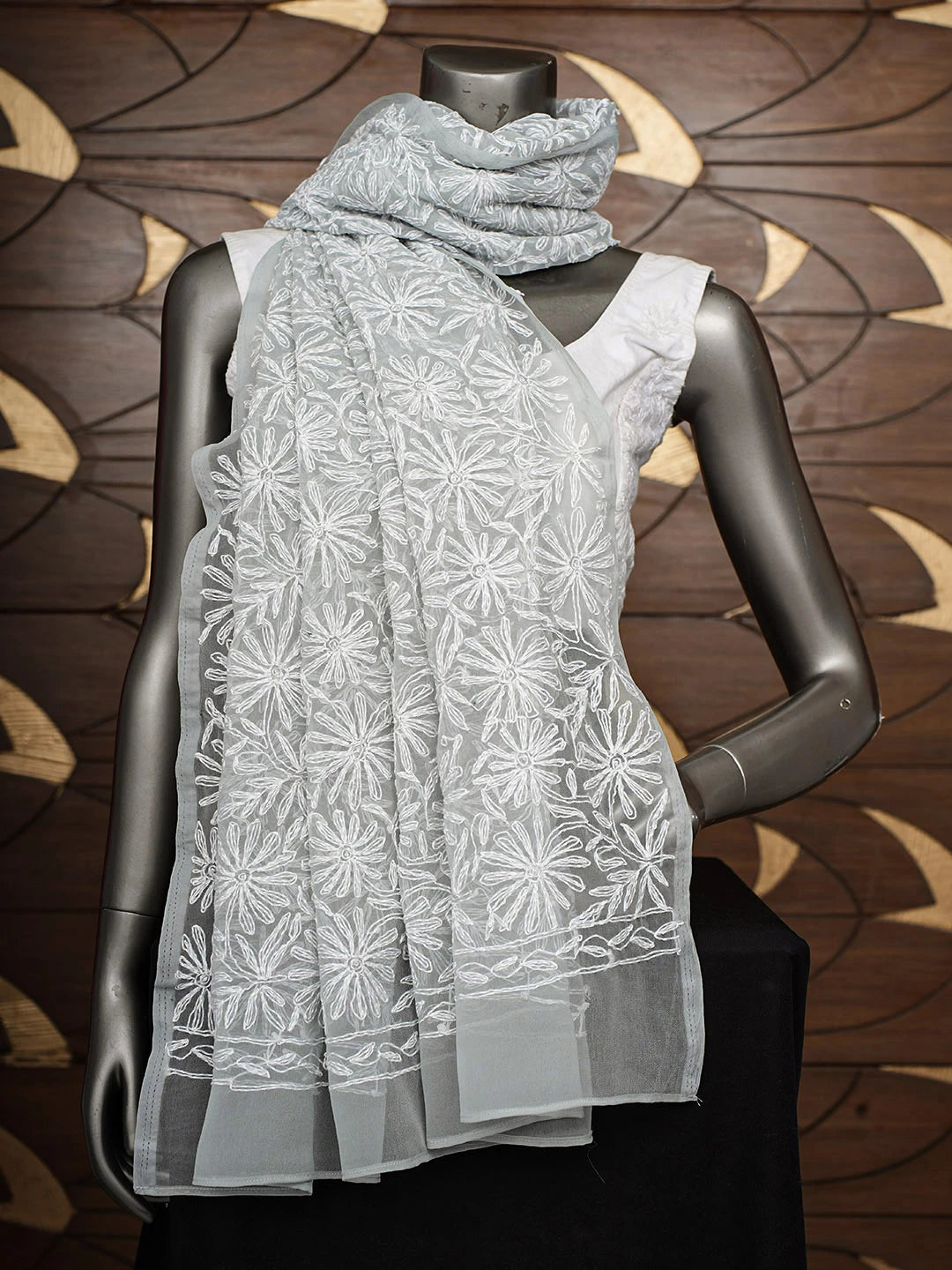 Ada Hand Embroidered Grey Faux Georgette Lucknowi Chikankari Dupatta 01A896540