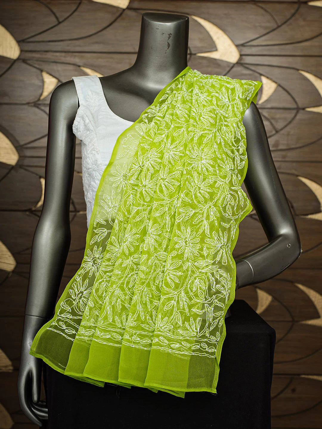 Ada Hand Embroidered Green Faux Georgette Lucknowi Chikankari Dupatta 01A923259