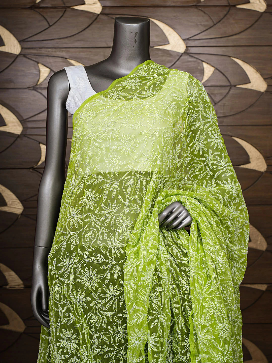 Ada Hand Embroidered Green Faux Georgette Lucknowi Chikankari Dupatta 01A923259
