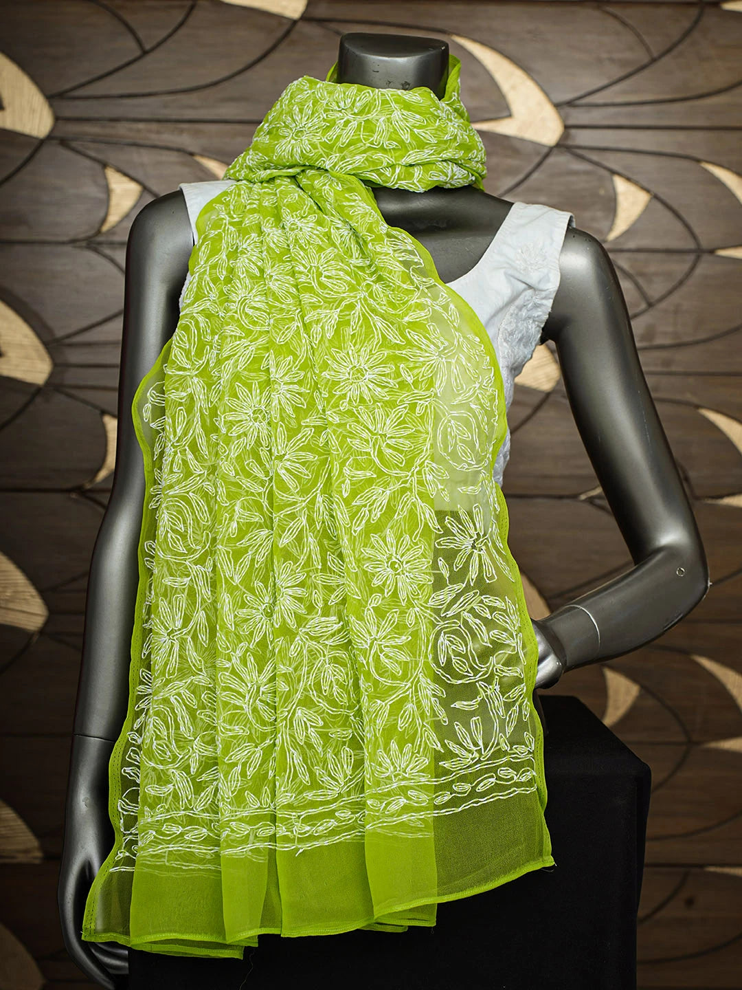 Ada Hand Embroidered Green Faux Georgette Lucknowi Chikankari Dupatta 01A923259