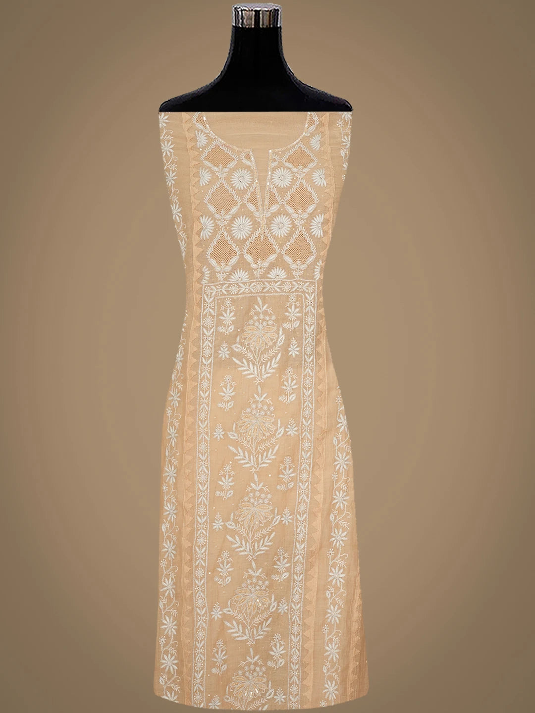 Ada Hand Embroidered Fawn Chanderi Lucknowi Chikankari Semi Stitched Kurta Dupatta Set With Sequinned Work 01A935876
