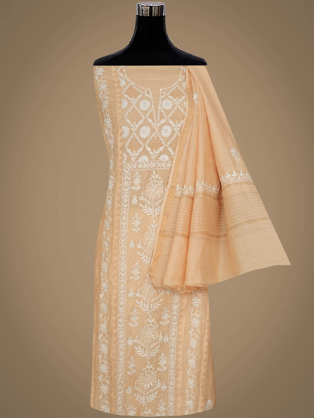 Ada Hand Embroidered Fawn Chanderi Lucknowi Chikankari Semi Stitched Kurta Dupatta Set With Sequinned Work 01A935876