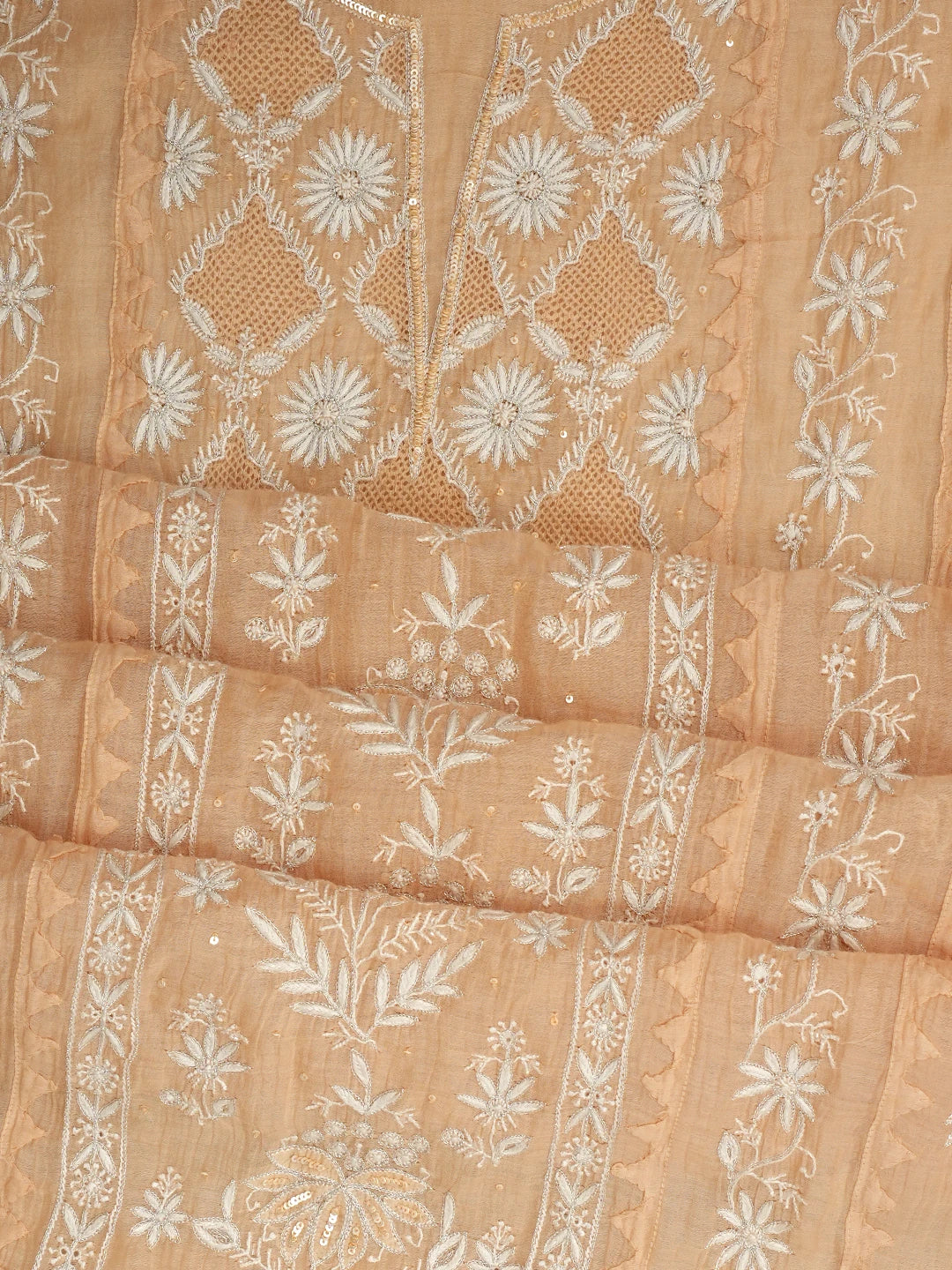 Ada Hand Embroidered Fawn Chanderi Lucknowi Chikankari Semi Stitched Kurta Dupatta Set With Sequinned Work 01A935876