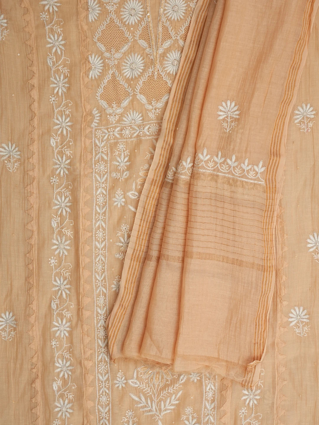 Ada Hand Embroidered Fawn Chanderi Lucknowi Chikankari Semi Stitched Kurta Dupatta Set With Sequinned Work 01A935876