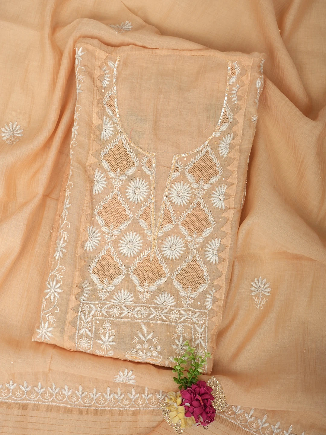 Ada Hand Embroidered Fawn Chanderi Lucknowi Chikankari Semi Stitched Kurta Dupatta Set With Sequinned Work 01A935876