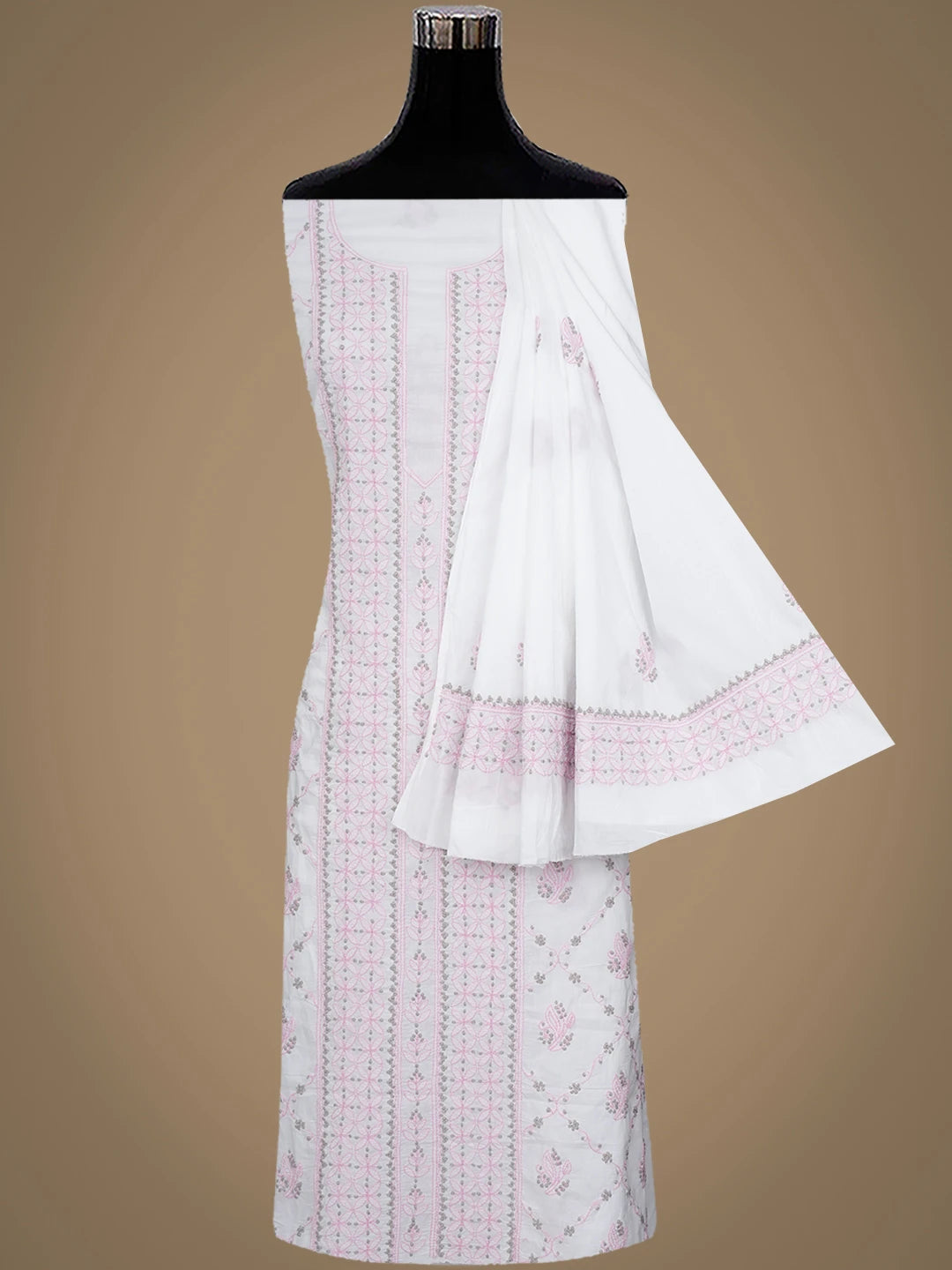 Ada Hand Embroidered White Cotton Lucknowi Chikankari Unstitched Suit Piece 01A980389