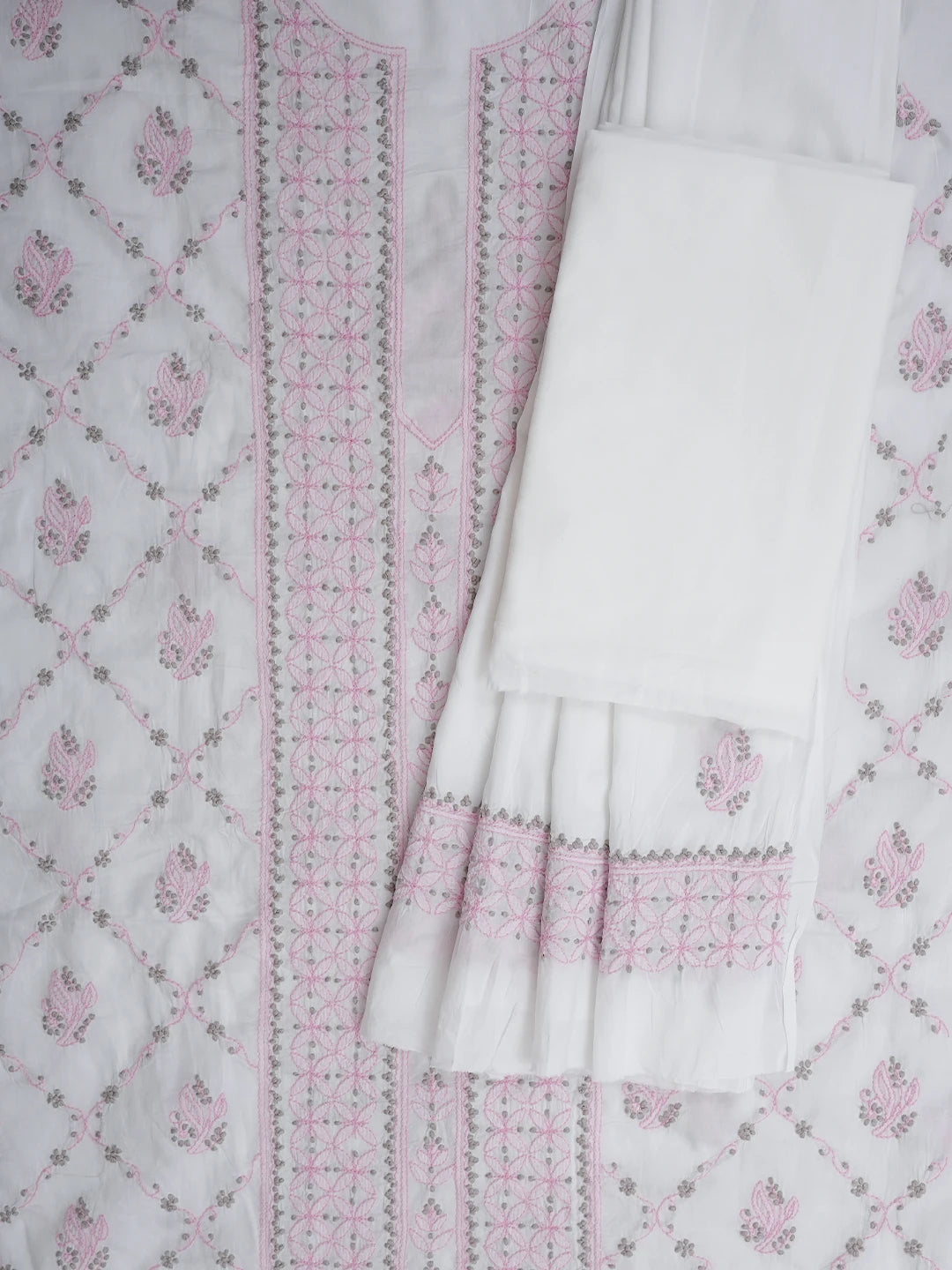 Ada Hand Embroidered White Cotton Lucknowi Chikankari Unstitched Suit Piece 01A980389