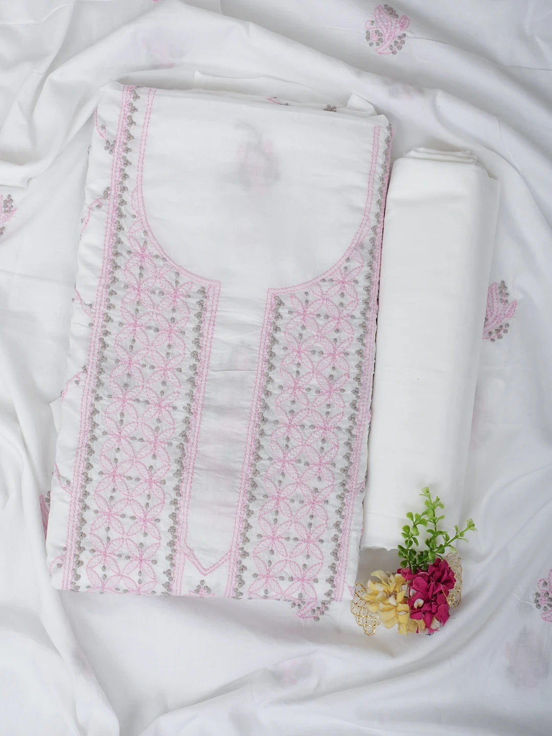 Ada Hand Embroidered White Cotton Lucknowi Chikankari Unstitched Suit Piece 01A980389