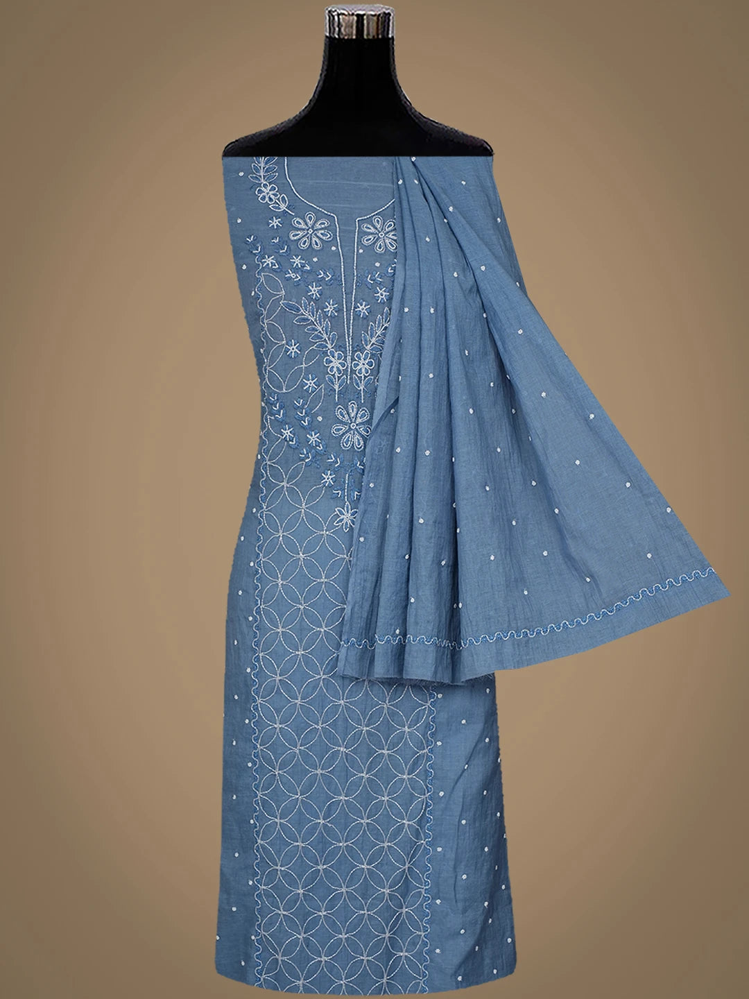 Ada Hand Embroidered Classic Blue Chanderi Lucknowi Chikankari Unstitched Kurta Dupatta Set With Pearl Work 01A911045