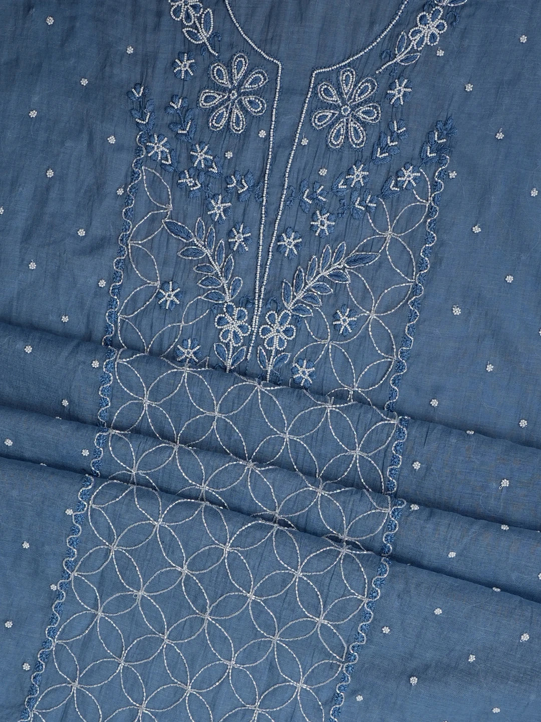 Ada Hand Embroidered Classic Blue Chanderi Lucknowi Chikankari Unstitched Kurta Dupatta Set With Pearl Work 01A911045