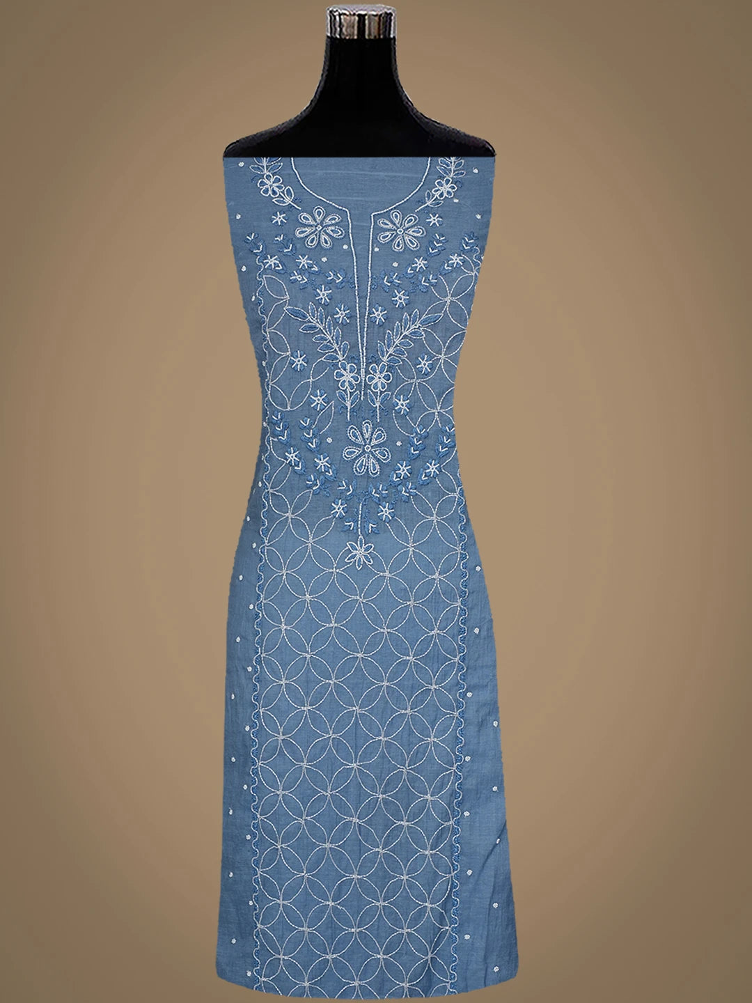 Ada Hand Embroidered Classic Blue Chanderi Lucknowi Chikankari Unstitched Kurta Dupatta Set With Pearl Work 01A911045