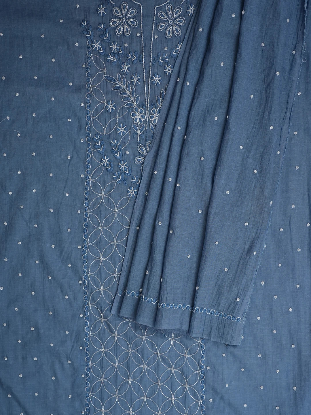 Ada Hand Embroidered Classic Blue Chanderi Lucknowi Chikankari Unstitched Kurta Dupatta Set With Pearl Work 01A911045