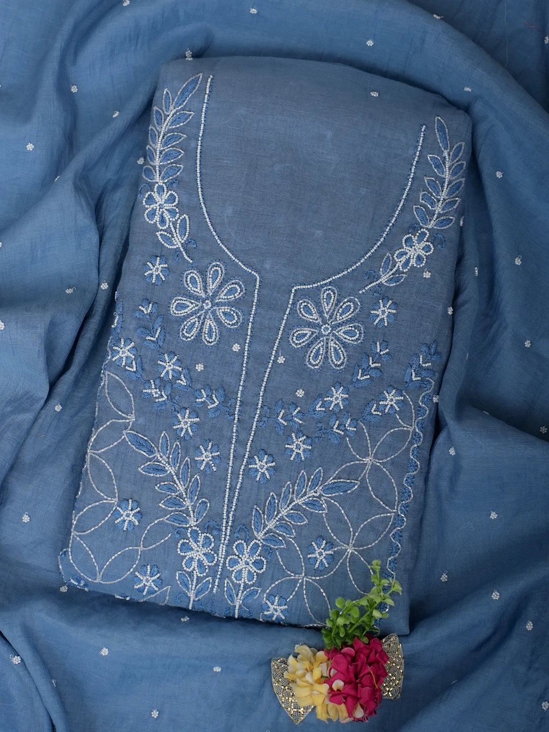 Ada Hand Embroidered Classic Blue Chanderi Lucknowi Chikankari Unstitched Kurta Dupatta Set With Pearl Work 01A911045