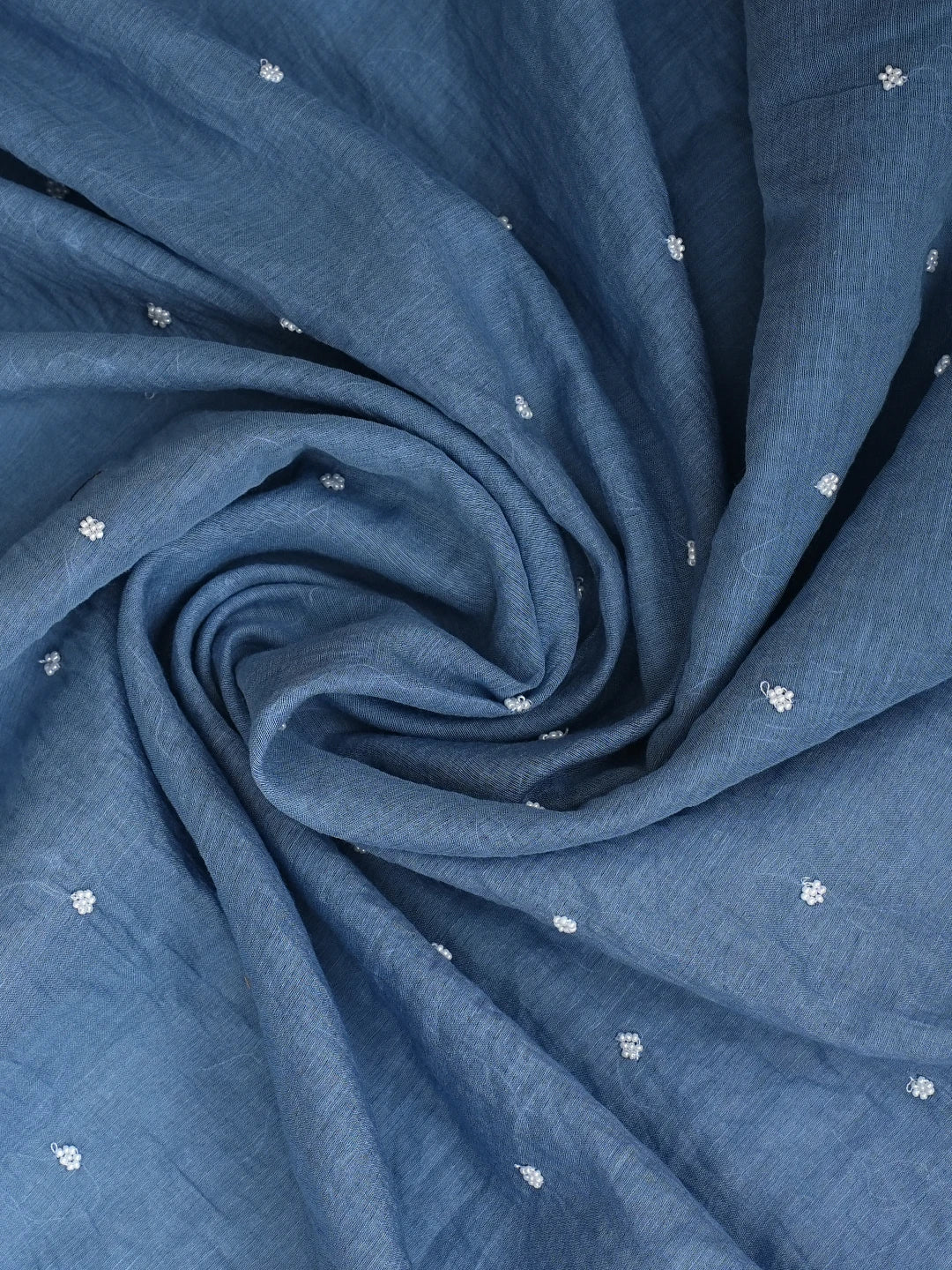 Ada Hand Embroidered Classic Blue Chanderi Lucknowi Chikankari Unstitched Kurta Dupatta Set With Pearl Work 01A911045