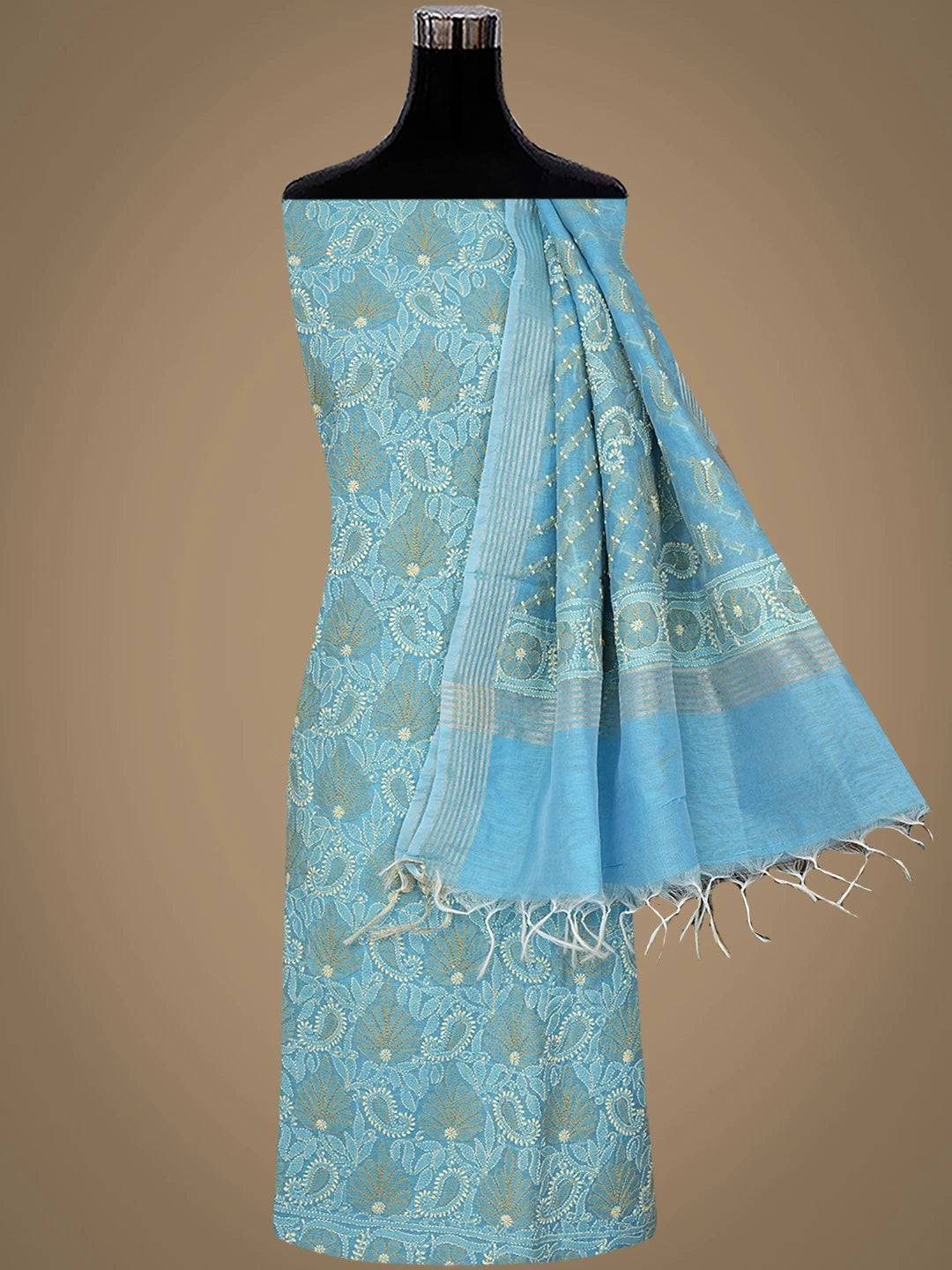 Ada Hand Embroidered Ocean Blue Chanderi Lucknowi Chikankari Unstitched Kurta Dupatta Set 01A980141