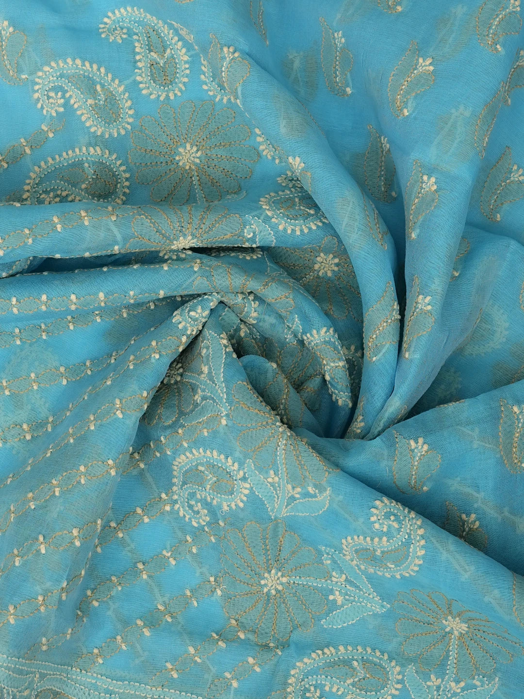 Ada Hand Embroidered Ocean Blue Chanderi Lucknowi Chikankari Unstitched Kurta Dupatta Set 01A980141