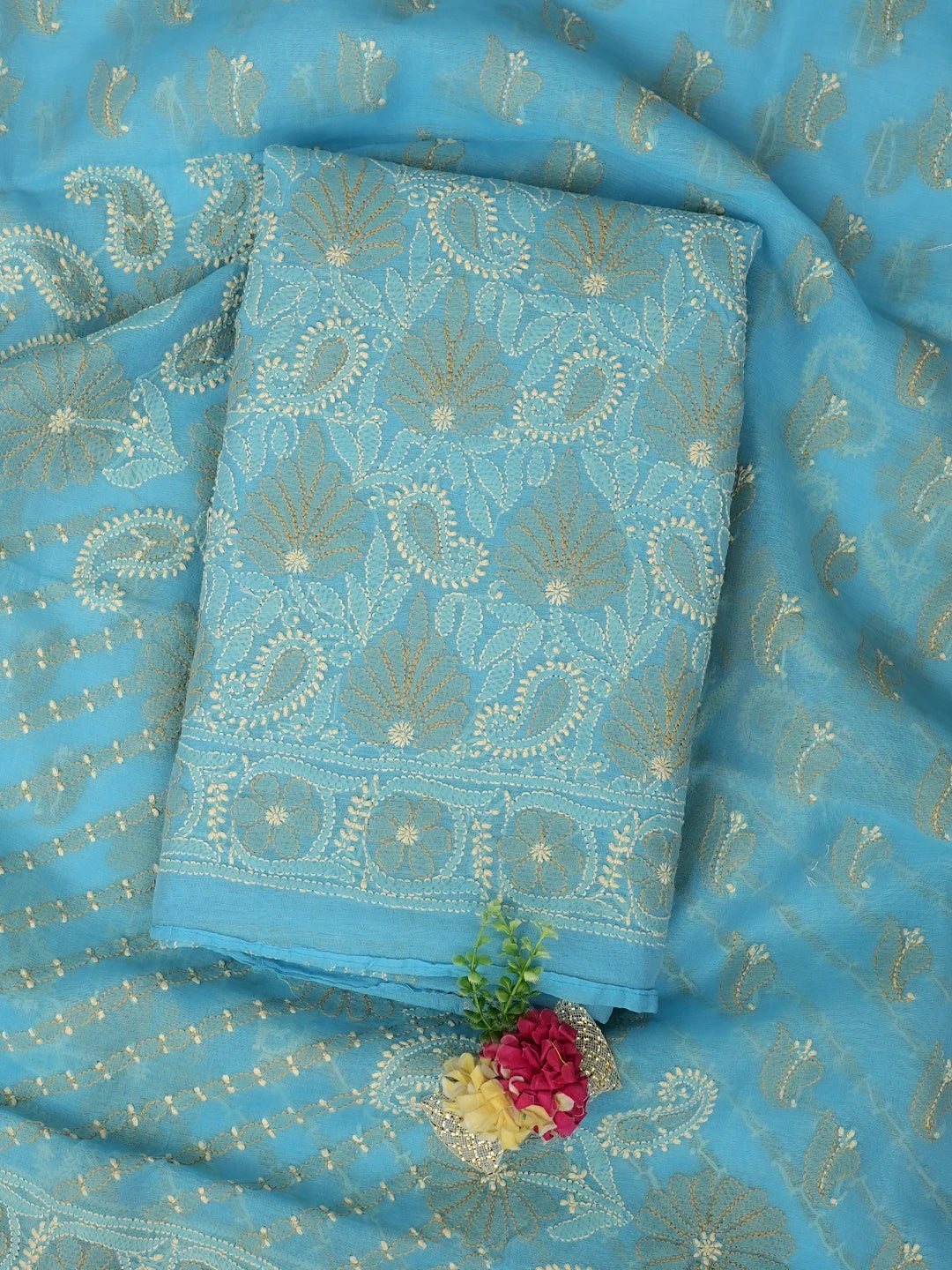 Ada Hand Embroidered Ocean Blue Chanderi Lucknowi Chikankari Unstitched Kurta Dupatta Set 01A980141