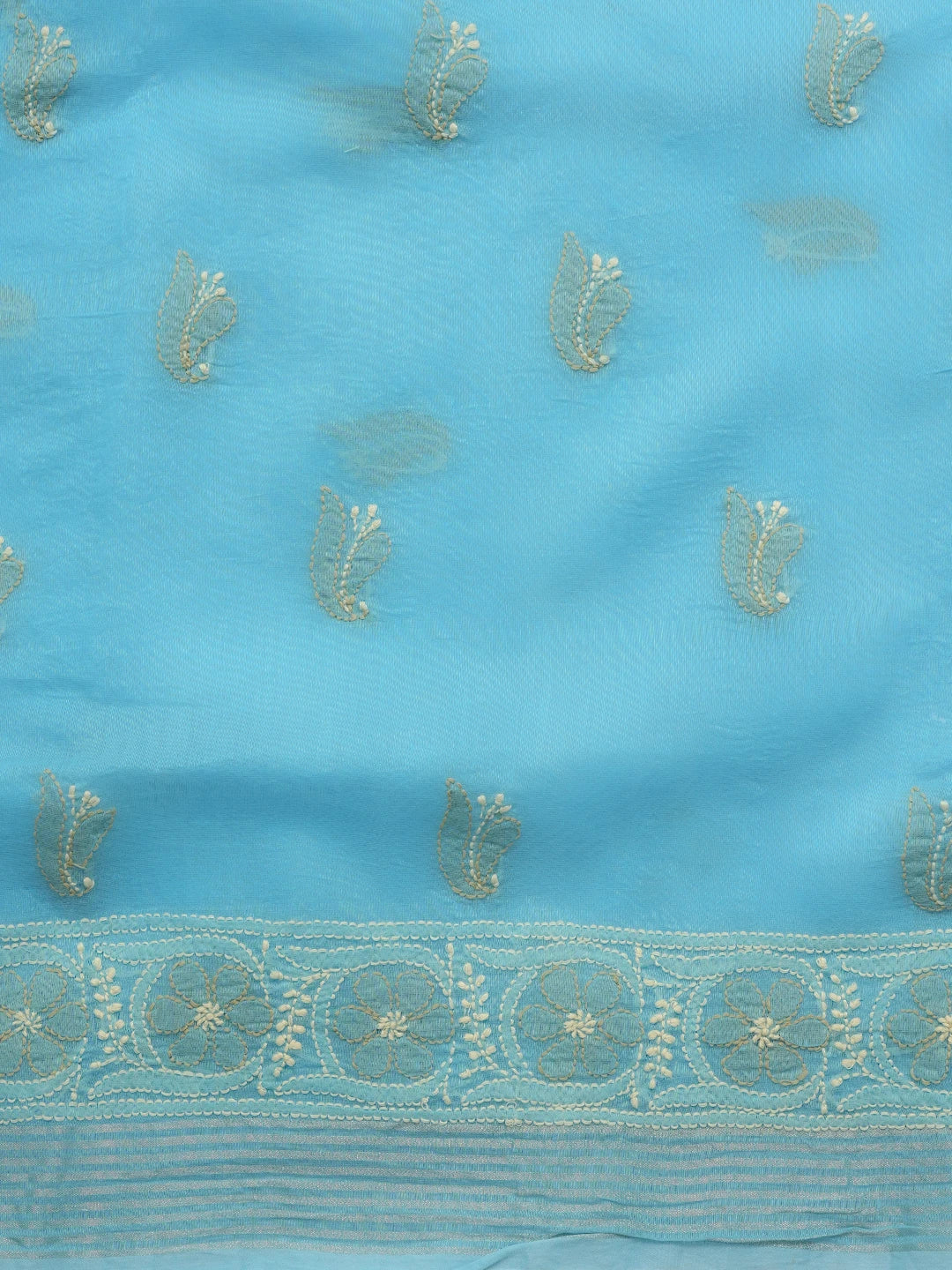 Ada Hand Embroidered Ocean Blue Chanderi Lucknowi Chikankari Unstitched Kurta Dupatta Set 01A980141
