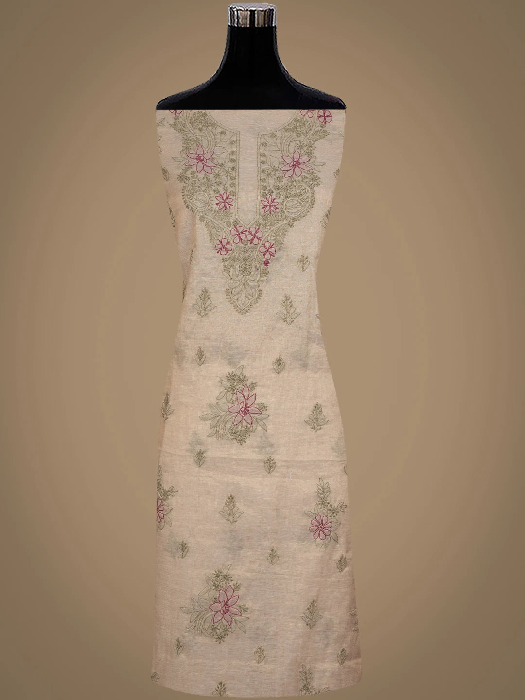 Ada Hand Embroidered Fawn Tissue Lucknowi Chikankari Unstitched Kurta Dupatta Set 01A980089