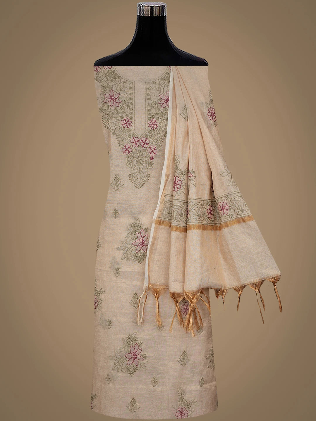 Ada Hand Embroidered Fawn Tissue Lucknowi Chikankari Unstitched Kurta Dupatta Set 01A980089