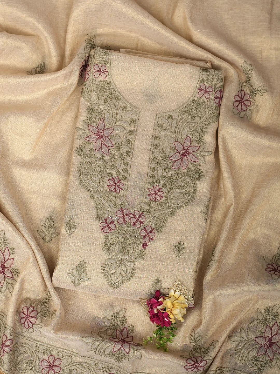 Ada Hand Embroidered Fawn Tissue Lucknowi Chikankari Unstitched Kurta Dupatta Set 01A980089